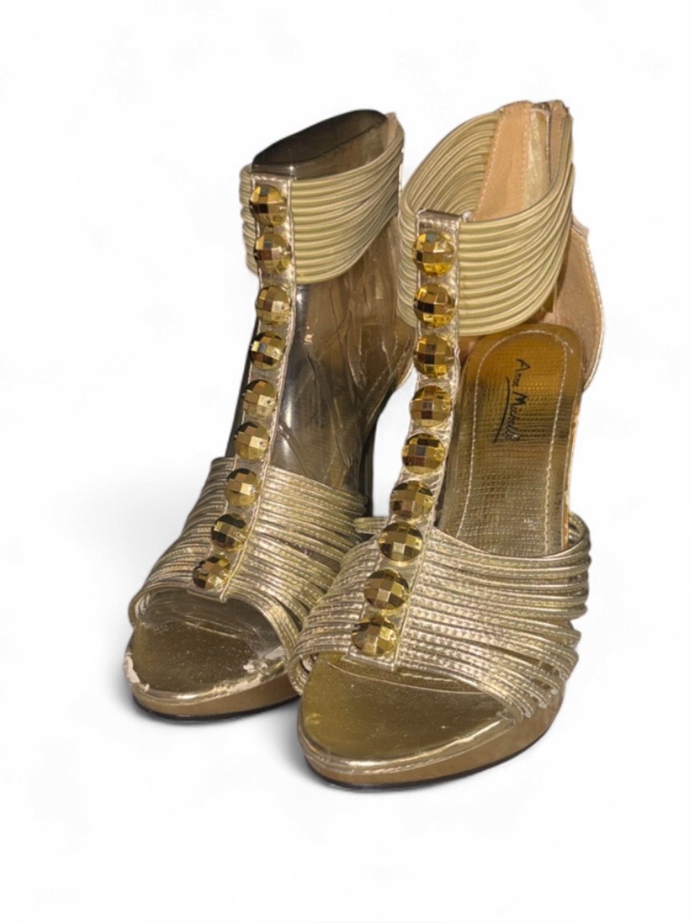 Anne Michelle Gold Rhinestone Strappy Heels Size 8 Y2K Metallic Stiletto Sandals